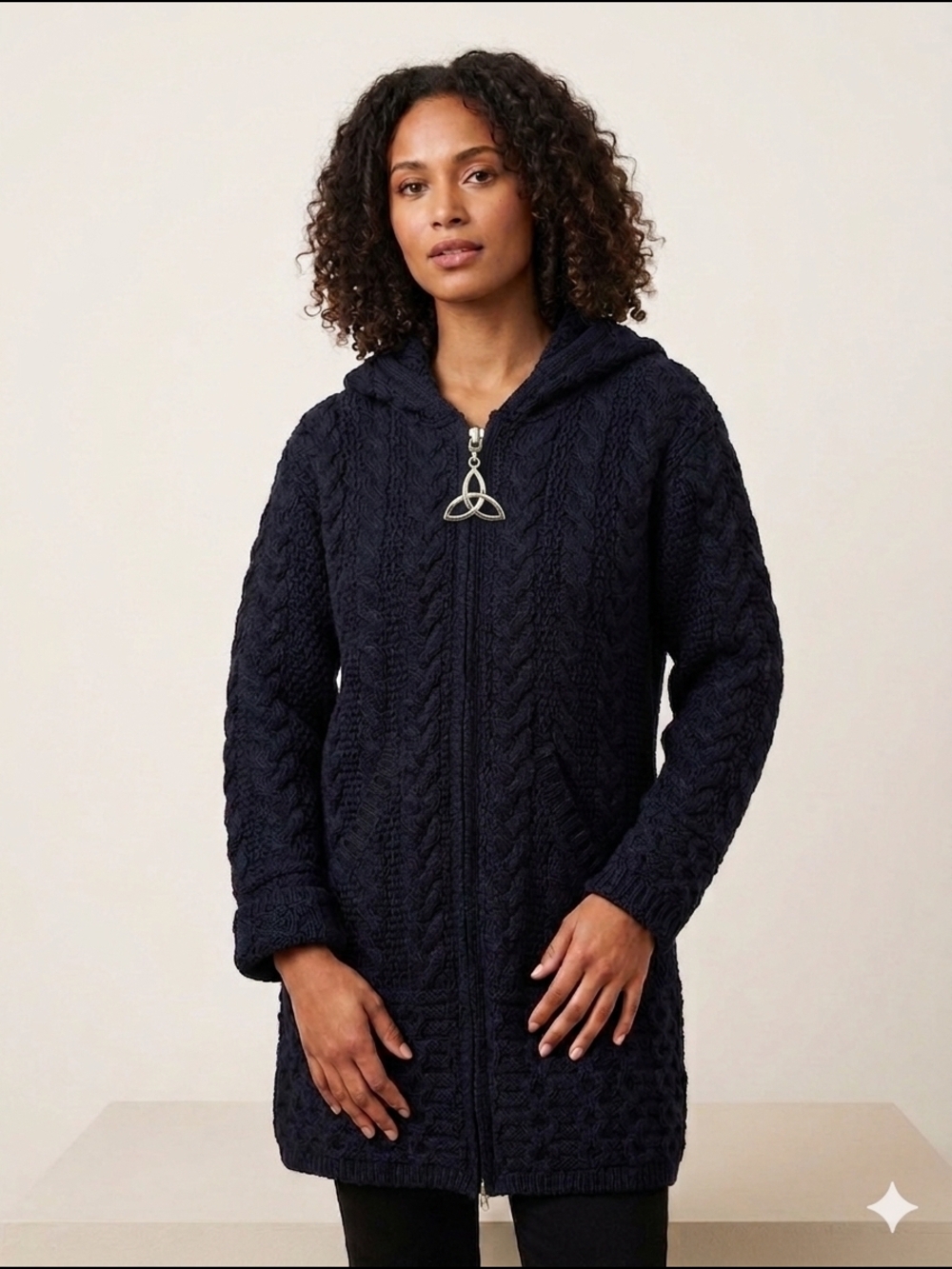 Aran Crafts Navy Hooded Cable-Knit Zip Cardigan